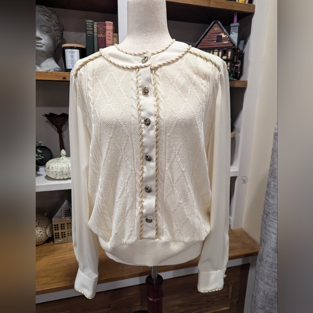 Vintage Philippe Marques Cord Knit Front Satin Button Up Blouse Size Large READ